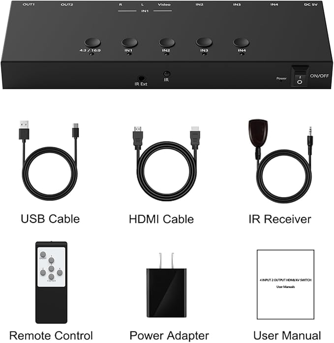 RuiPuo 4In to 2Out HDMI/AV Switch (1 AV Input+3 HDMI 2.0 Inputs) RCA to 2Port HDMI Converter for PS1/2/3/4/5, N64, SNES, Switch, DVD, Roku etc.