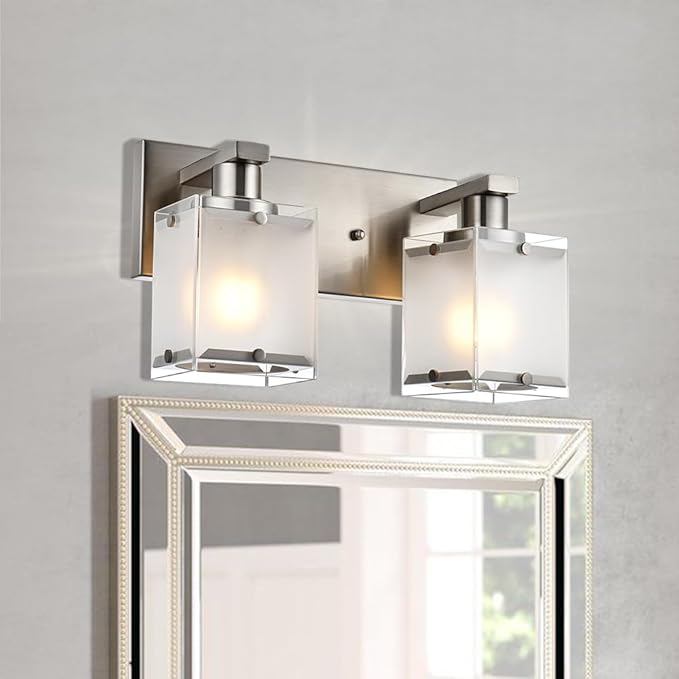 WINSHEN 2-Lights Wall Sconce Lighting, Brushed Nickel Bathroom Vanity Light Fixture with Rectangular Frosted Glass for Over Mirror, E26 Bulb Base