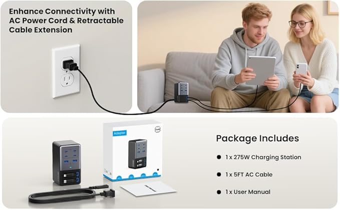 USB C Charger 275W Charging Station with Retractable Dual Cables,Upgraded 8-in-1 GaN IV Fast Charging Hub Block+PD QC PPS 65W Laptop Adapter for MacBook Pro/Air,iPad,iPhone 17/Pro,Galaxy S24,Dell