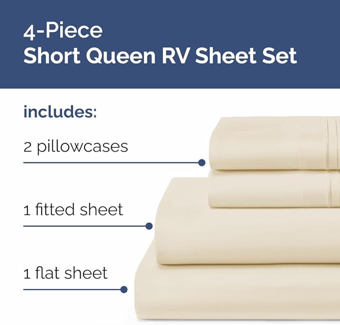 RV Short Queen Sheet Set 60 X 75 - 4 Piece RV Short Queen Bed Sheets - Soft, Breathable & Cooling - Designed for Bunks, Trailers & Camper - Fits 8” to 12" Mattress - Hotel Luxury Bedding - Wheat