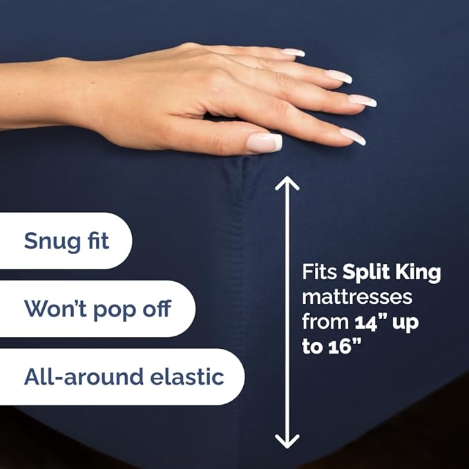 Split Head King Sheets Set - Top Split King Sheets for Adjustable Beds, Easy-Fit Split Head King Mattress - Flex Split Top King Sheets, Easy-Fit, Breathable, Deep Pocket Split King Sheets - Navy Blue