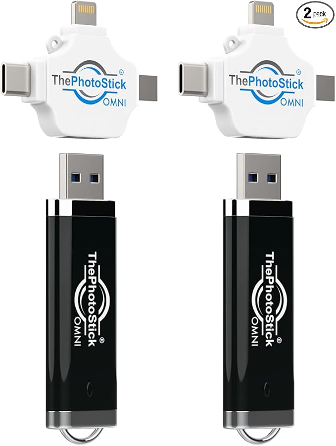 ThePhotoStick® Omni 128GB (2 Pack) - Photo & Video Backup and Transfer | Digital File Organizer | USB & Multiport Connection for Phones, Tablets and Computers | Portable Memory | External Storage