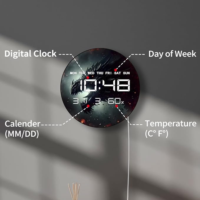 Timethink 12 Inch Evil Dragon LED Digital Wall Clock Large Display, Dark Dungeon Dragon Lamp Electric Wall Clock Automatic Dimming, 12/24hr, Temperature, Date, Plug in LED for Man Cave Gothic Decor