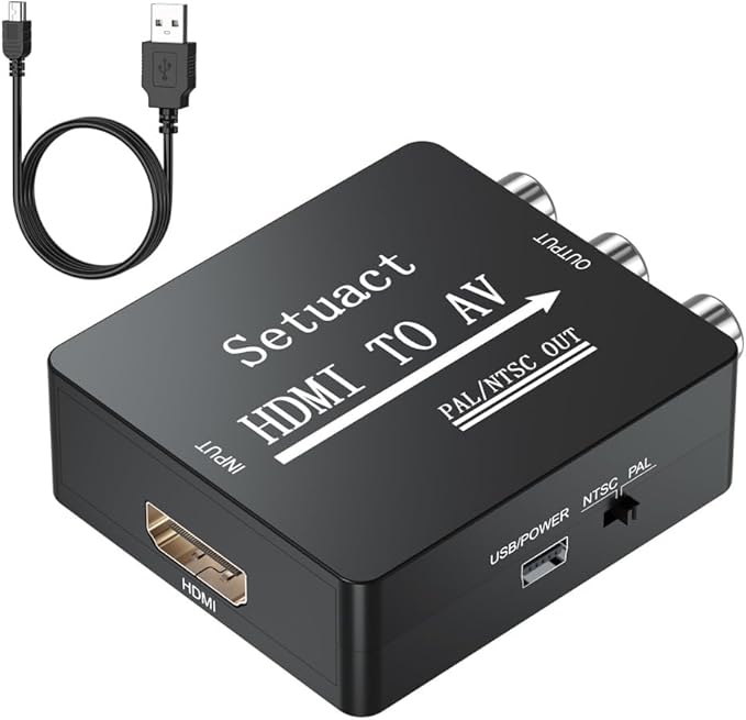 Setuact HDMI to AV Converter, HDMI to RCA Converter, Supports PAL/NTSC for Apple TV, Roku, Fire Stick, Blu-ray, DVD Player, Older TV, Projector, (Single)