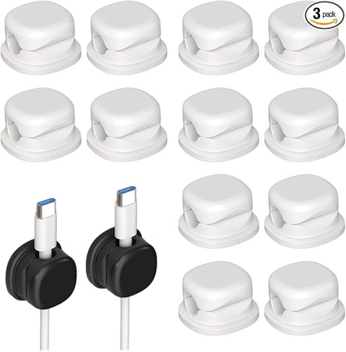 Magnetic Cord Organizer Holder, Upgrade Cord Holder for Nightstand, Adhesive Wire Cable Clips Management Kit for Phone Charger, Computer, Home, Office, Desk, Nightstand (White, 12 Packs)