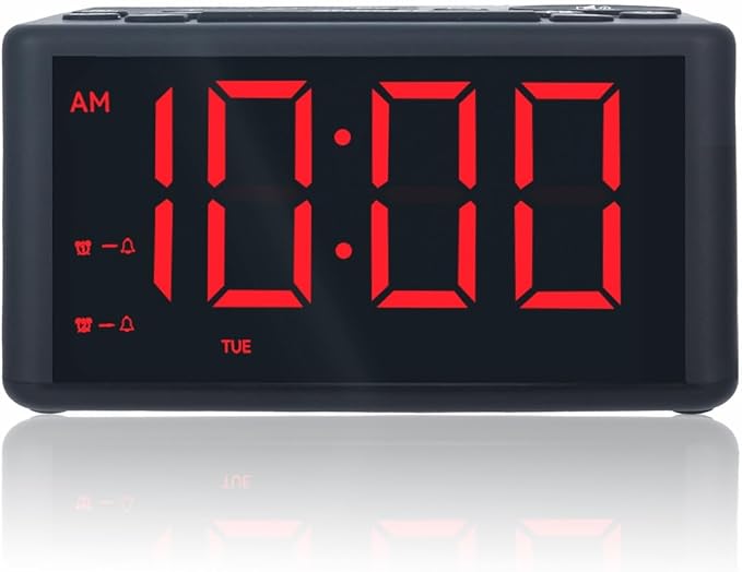 Digital Alarm Clock Radio with AM/FM Radio, Presets, Dual Alarms, Weekday / Weekend Alarm, Snooze, Sleep Timer, Dimmable Red LED Screen for Bedrooms, living rooms, kitchens, offices, etc (Red)