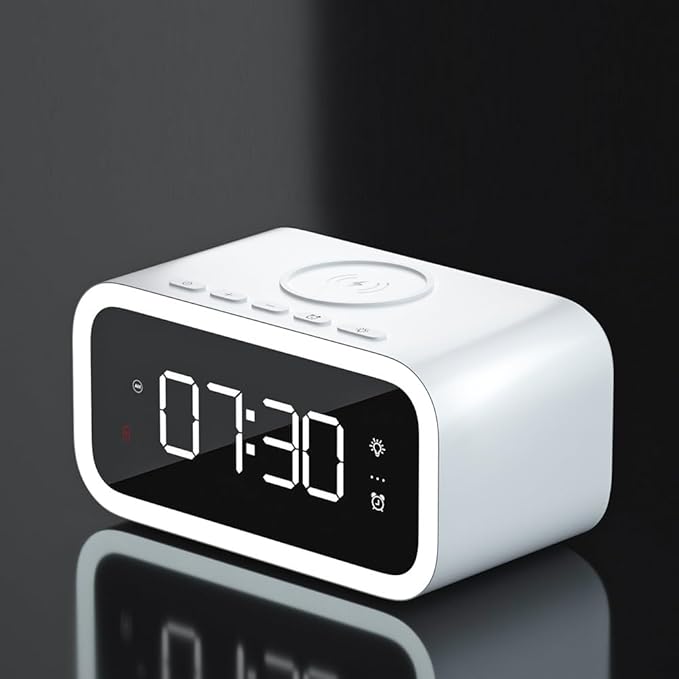 IHAO 5in1 Multi-Functional Alarm Clock with Wireless Charging 15W Fast Charger for Phone & Earbuds 3 Group Alarms, Dimmable Night Light, USB Port, Digital Clock Adjustable Light Mini Mirror QXF-805