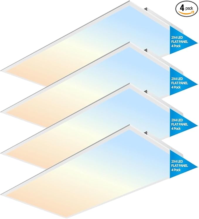 2x4 FT LED Light Flat Panel, 40-72W, 5 CCT 3K | 3.5k | 4K | 5K | 6.5K, Dimmable Recessed Drop Ceiling Lights, 3750/5000/6250/7500/9000 Lumens, Lay in Fixture for Office, 120-277V, UL DLC (4 Pack)