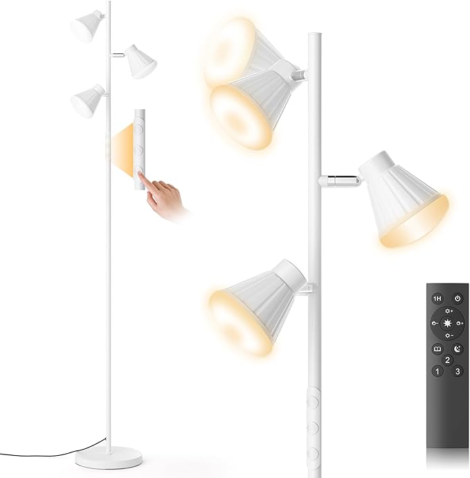 SIBRILLE 36W LED Tree Floor Lamp, Dimmable Tall Standing Lamp with Remote & Touch Control, 4 Color Temperatures Bright Floor Lamp, 3 Rotatable Light Modern Floor Lamps for Living Room Bedroom Office