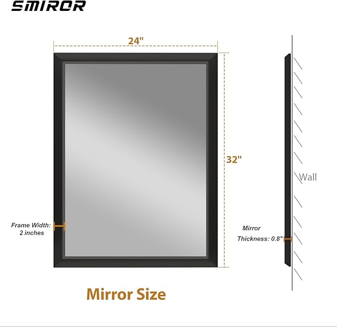 SMIROR Matte Black Bathroom Mirror for Over Sink 24x 32 inch, Metal Thick Frame Rectangle Vanity Mirror for Wall, Anti-Rust, Horizontally or Vertically Mounted