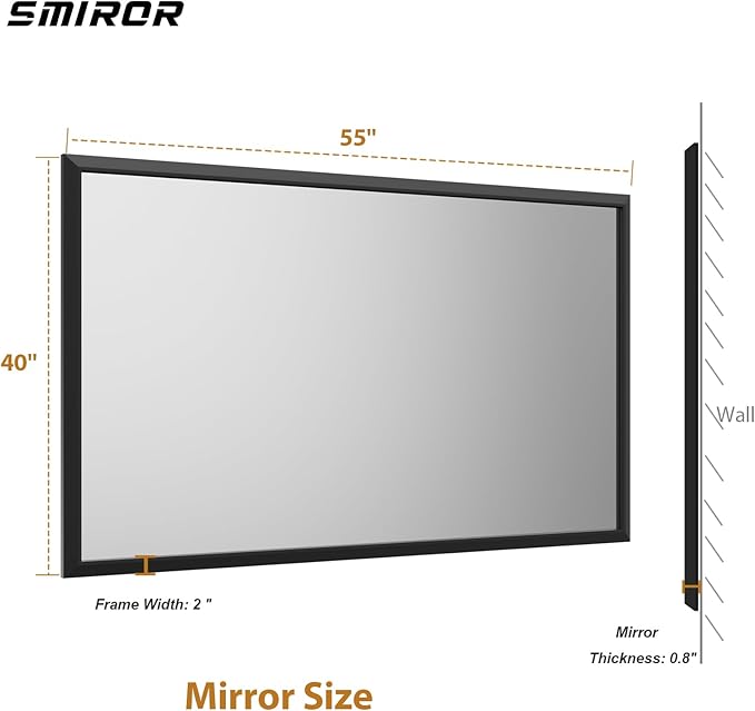SMIROR Matte Black Bathroom Mirror for Over Sink 55x 40 inch, Metal Thick Frame Rectangle Vanity Mirror for Wall, Anti-Rust, Horizontally or Vertically Mounted