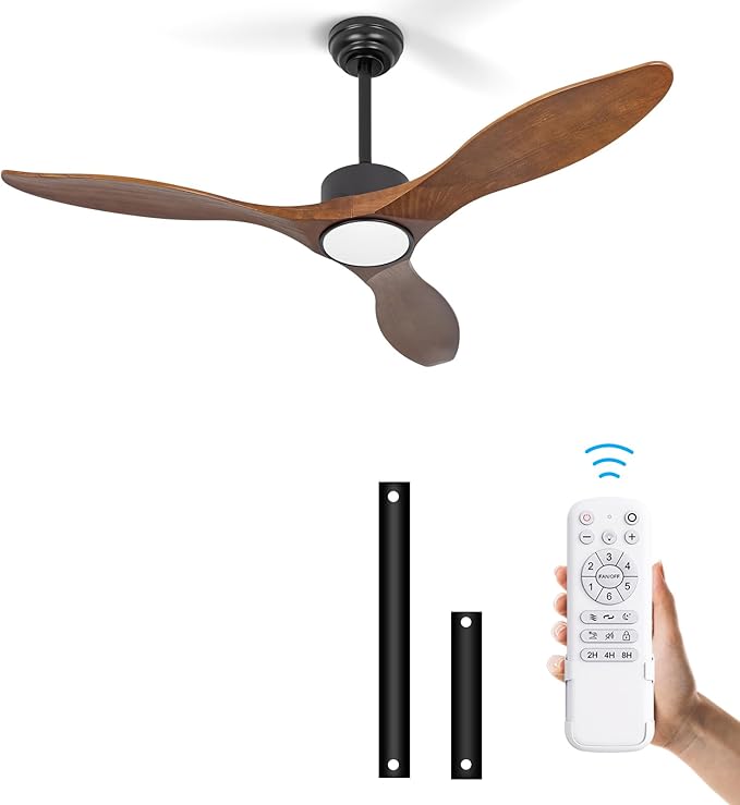 revoici 52 Inch Brown Wood Ceiling Fan with Light and Remote, 6 Speed and Reversible DC Motor, 3 Blade Low Profile Flush Mount Mordern Wood Ceiling Fans for Living Room Bedroom Outdoor Patio