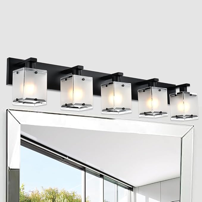 WINSHEN 5-Lights Bathroom Light Fixtures, Matte Black Modern Vanity Lights with Rectangular Frosted Glass for Over Mirror Dressing Table, E26 Bulb Base