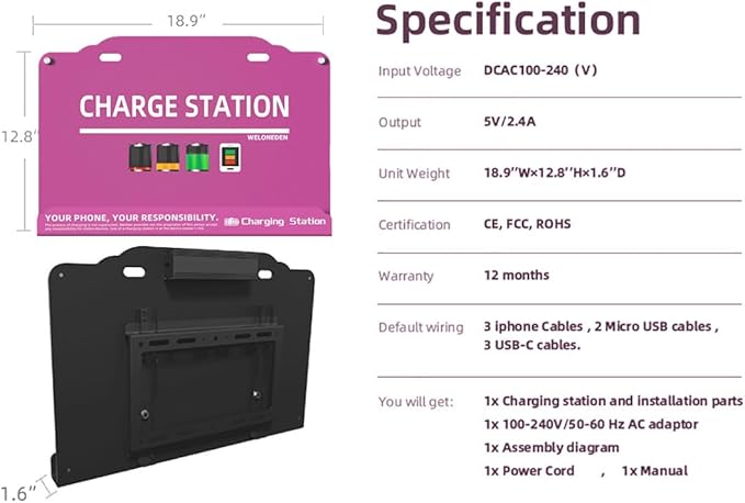 Wall Mounted Cell Phone Charging Station Mobile Phone Charging Station | Fast Charging 8 Device | Compatible with iPhone ipad Smartphone Tablets Port | Great for Offices Hotel Hospital Airport (Rose)
