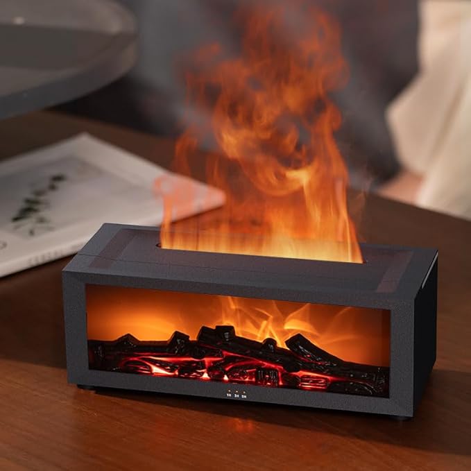 Essential Oil Diffuser, Fireplace Flame Oil Diffuser - Aromatherapy Aroma Humidifier, Upgrade 7 Flame Colors Noiseless 150ml Remote Control - Perfect for Bedroom Home Office (Fireplace White)