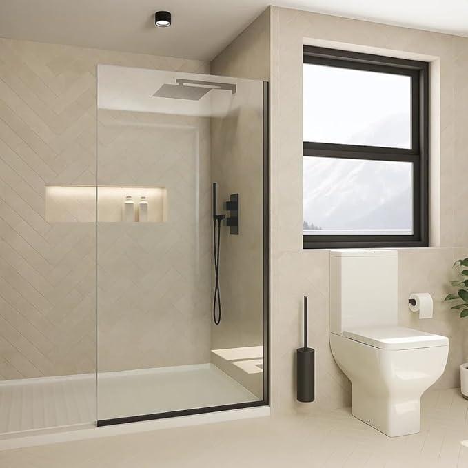 Yana Frameless Shower Door Screen, Fixed Shower Door Panels 3/8" Thick Tempered Glass, Water Repellent, Reversible Shower Wall Panel with Matte Black Finish 24" x 60"