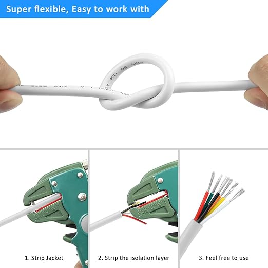 22 Gauge 6 Conductor Electrical Wire, 32.8FT White Stranded Low Voltage 22/6 Cable PVC Case, 32.8FT 22 AWG Tinned Copper 6 Wire Extension Power Cable for LED Lamp Lighting, Automotive