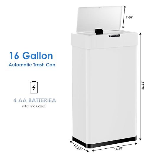 AthLike Sensor Trash Can, Touchless Motion Sensor Trash Bin, Smart Automatic Garbage Can with Soft-Close Lid, Bag Retainer Ring and Display Light,for Kitchen,Living Room Office (White, 16 Gal)
