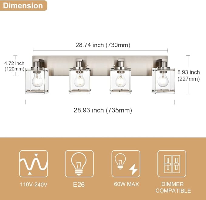 WINSHEN 4-Lights Bathroom Vanity Light Fixtures in Brushed Nickel, E26 Socket Wall Sconce Lighting Fixtures with Clear Glass Shades for Over Mirror Bedroom Living Room Cabinet