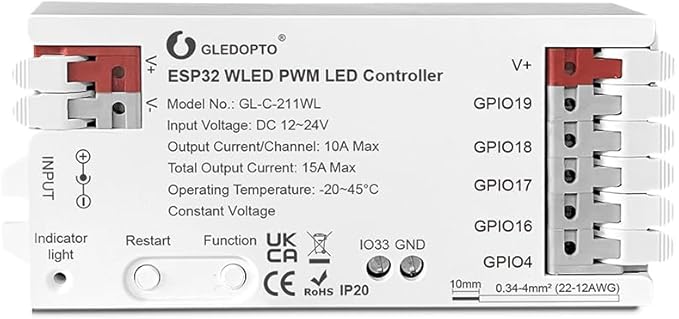 ESP32 PWM WLED LED Controller 5 Modes in 1 DC 12-24V WiFi Wireless App Control Easy Wiring DIY Static Dynamic Mode Lighting For Analog RGBCCT RGBW RGB WWCW CCT Dimmer Strip Light WLED Pre-installation