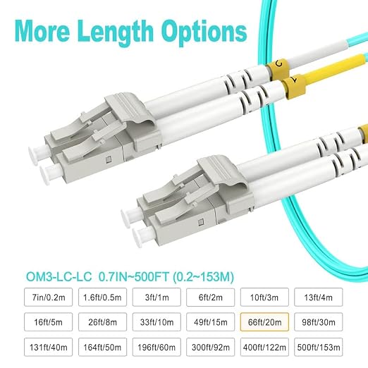 OM3 Fiber LC to LC 20m, Options 7in~500ft, Fiber Patch Cable Duplex, 50/125μm - Image 3