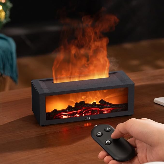 Essential Oil Diffuser, Fireplace Flame Oil Diffuser - Aromatherapy Aroma Humidifier, Upgrade 7 Flame Colors Noiseless 150ml Remote Control - Perfect for Bedroom Home Office (Fireplace White)