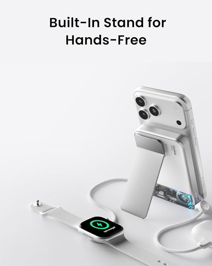 sharge ICEMAG 3 MagSafe Portable Charger, Qi2 25W Magnetic Power Bank 10000mAh with 35W Built-in Cable, Active Cooling& Foldable Stand, Transparent Design for iPhone 17/16 Series-White