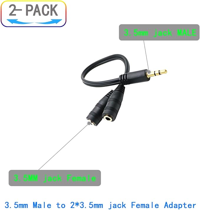 Headphone Splitter for 2 Headphones 2 Way 3.5mm Adapter Aux Cable Mini Jack Male to Dual Female Stereo Audio Y Splitter Couple Adapter Compatible with iPad iPhone iPod MacBook PC Amplifier Speaker