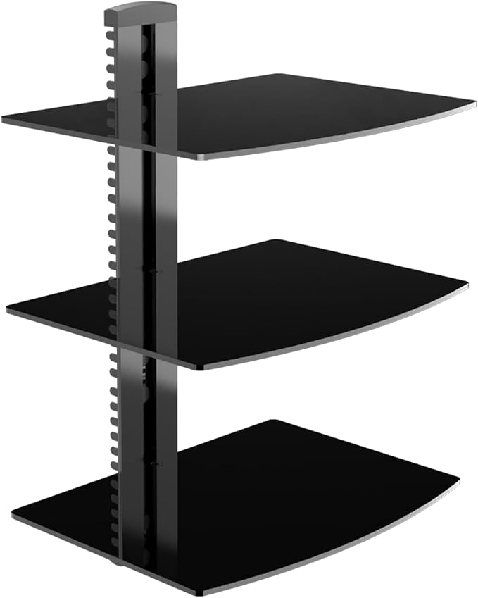 DVD Floating Shelf, Glass TV Wall Mount with Shelf for DVD Player / PS4 / Cable Boxes / Game Consoles / Sky Box / TV Accessories, Media Shelf, Flat Black Wall Mount Bracket, AV Shelves, 3 Tiers CS303S