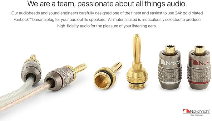 Nakamichi FanLock Excel Series 24k Gold Plated Banana Plugs 10 AWG - 18 AWG Gauge Size 4mm for Speakers Amplifier Hi-Fi Stereo Home Theatre Radio Audio Wire Cable Quick Connector, 12 Pcs (6-Pairs)