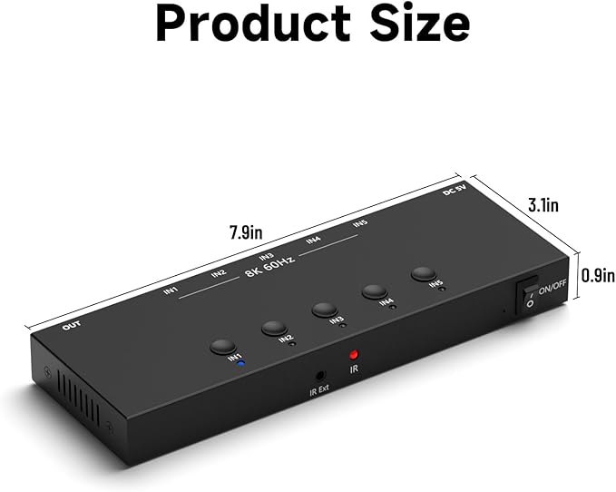 RuiPuo 5Port HDMI Switcher 8K@60Hz 5In 1Out HDMI Selector with IR Remote Supports Full HD 4K/1080P/3D & HDCP2.2 for Switch,Xbox,PS4/PS5,Fire Stick,Roku,Apple TV etc.