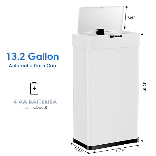 AthLike Sensor Trash Can, Touchless Motion Sensor Trash Bin, Smart Automatic Garbage Can with Soft-Close Lid, Bag Retainer Ring and Display Light,for Kitchen,Living Room Office (White, 13.2 Gal)