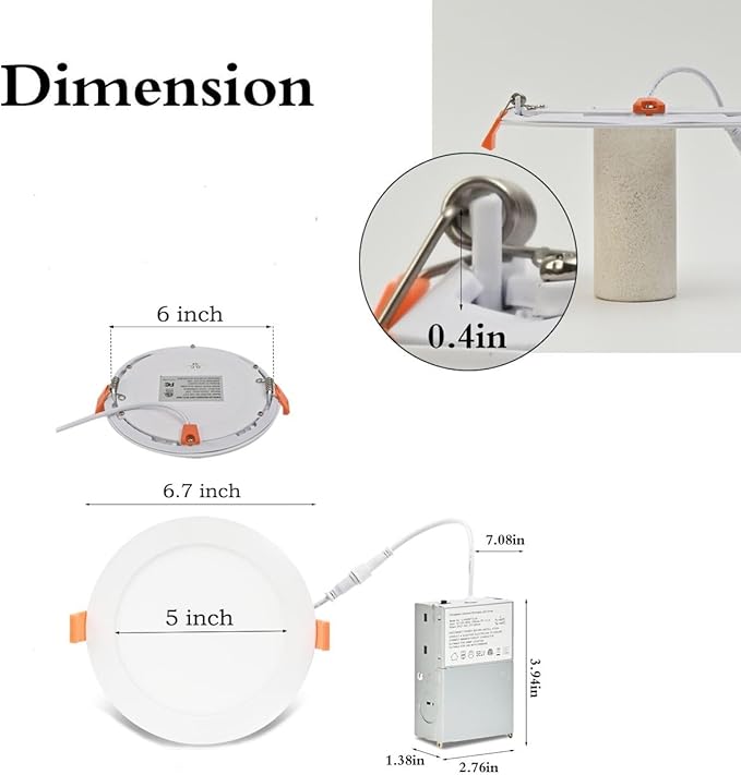 MKUJOO 48 Pack 6 Inch Ultra-Thin LED Recessed Ceiling Light with Junction Box,panel light,Daylight, 13W,2700K/3000K/3500K/4000K/5000K Selectable Dimmable Downlight ETL&FCC&CE and Energy Star Certified
