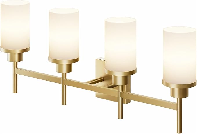 AONEON Wall Light Fixtures 4-Light Over Mirror, Gold Vanity Lights with White Frosted Glass Shade, Wall Sconces for Bathroom Washroom Kitchen T001GD-L4