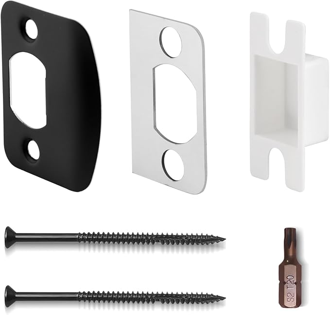 MOSECYOU Standard Door Strike Plate with Reinforced 3" & 1" Torx/Star Screws, Striker Restorer Kit with Spacer Shim Plates, T20 Screw Bit, Wood Dowels (Black, 1 Pack)
