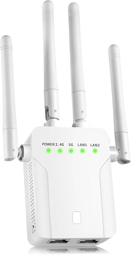 WiFi Extender Signal Booster,WiFi Extender, 5G WiFi Booster (Up to 10000sq. ft for 55+ Devices), WiFi Repeater with 4 Antennas 360° Coverage, WPS 1-Tap Setup with Dual Band 1200Mbps
