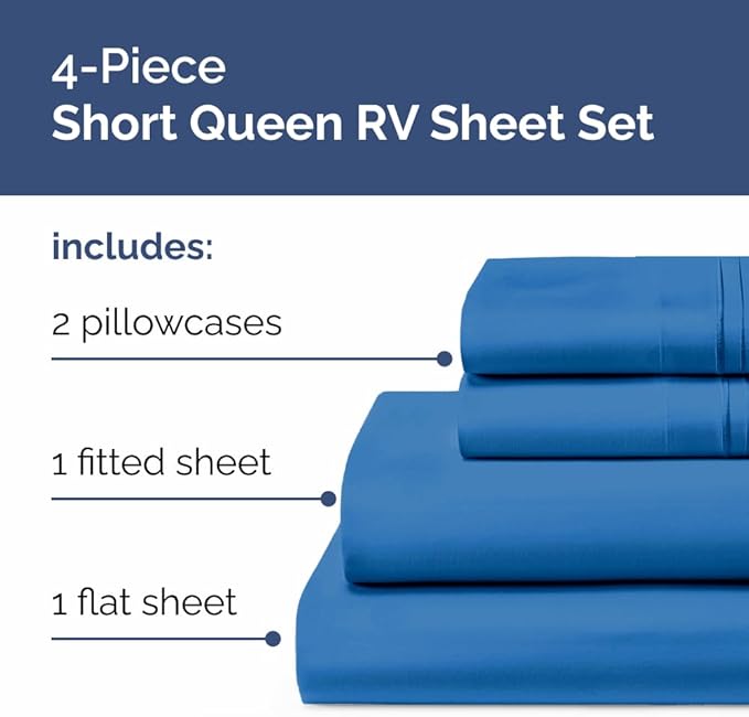 RV Short Queen Sheet Set 60 X 75 - 4 Piece RV Short Queen Bed Sheets - Soft, Breathable & Cooling - Designed for Bunks, Trailers & Campers - Fits 8” to 12" Mattress - Hotel Luxury Bedding - Royal Blue