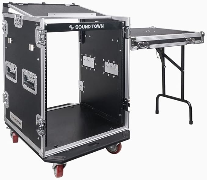Sound Town Heavy-Duty 1/2" (12mm) Plywood 14U PA DJ Rack/Road ATA Case with 11U Slant Mixer Top, 20’’ Rackable Depth, DJ Work Table and Casters, 14 Space Size, Pro Tour Grade (STMR-14UWT)