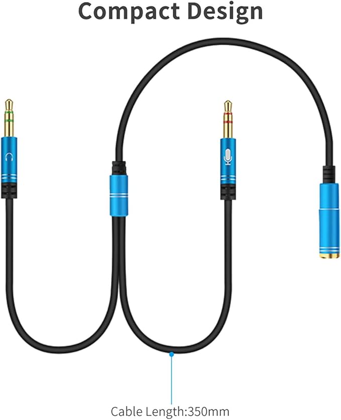 CANFON Headphone Splitter for Computer 3.5mm Female to 2 Dual 3.5mm Male Headphone Mic Audio Y Splitter Cable Smartphone Headset to PC Adapter (35CM, Blue)