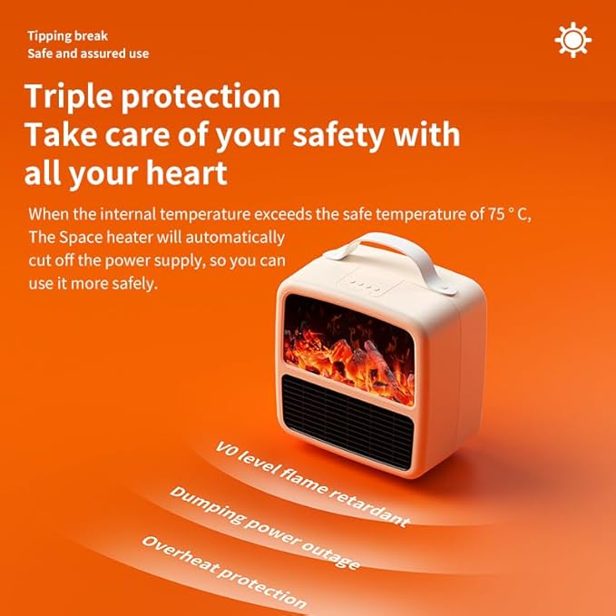 2nd Generation Mini Electric Space Heater with 3D Flames, Portable & Quiet Fireplace Heater for Bedroom, Office & Small Rooms 1500W/ PTC Ceramic Heating, New Switch Settings on top, Classic White.