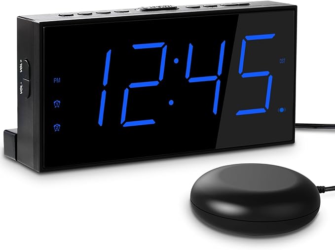 Extra Loud Dual Alarm Clock with Vibration for Bedroom,Extreme Bed Shaker Alarm Clock for Deep Sleeper Hard of Hearing Deaf,7" Clear LED Display,USB Port,Battery Backup,Easy to Set for Senior,Kids,DST