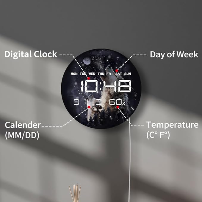 Timethink 12'' Full Moon Howling Wolves Digital Wall Clock Large Display, Forest Wildlife Wolf Decor Electric Wall Clock Auto-Brightness, Temperature, 12/24hr, Date, USB Powered for Man Cave Bedroom