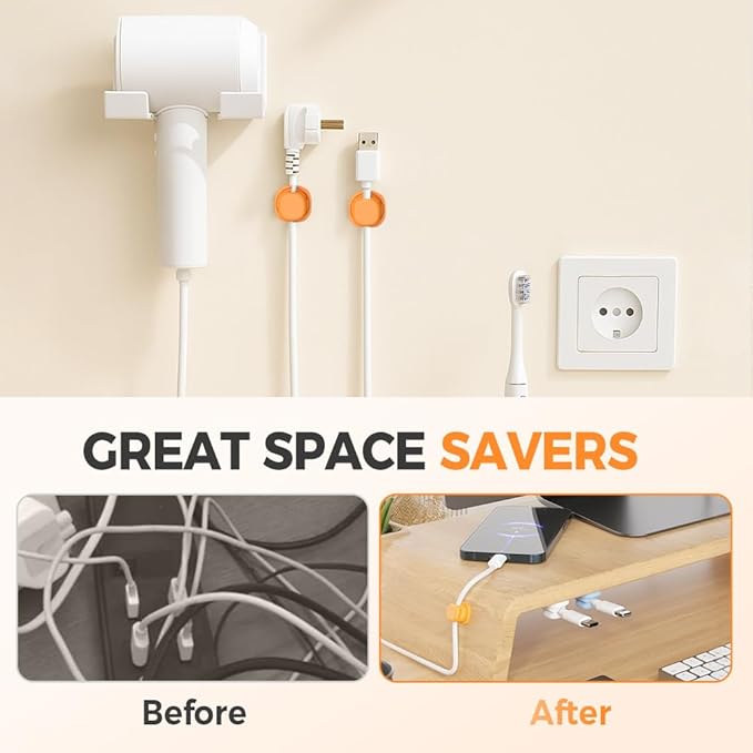 Magnetic Cord Organizer Holder, Upgrade Cord Holder for Nightstand, Adhesive Wire Cable Clips Management Kit for Phone Charger, Computer, Home, Office, Desk, Nightstand (Mix, 12 Packs)