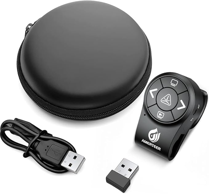 AMERTEER Wireless Presentation clicker for PowerPoint Presentations, RF 2.4GHz Finger Ring Remote, PPT Slides Clicker Pen Rechargeable