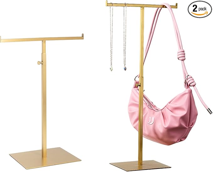 Purse Display Stand Jewelry Towers 2 Packs Stainless Steel Bag Stand Tabletop Adjustable Height Double Hook Hanging Jewelry Stands for Necklaces Organizer Home Store Boutique (Anti-fingerprint)