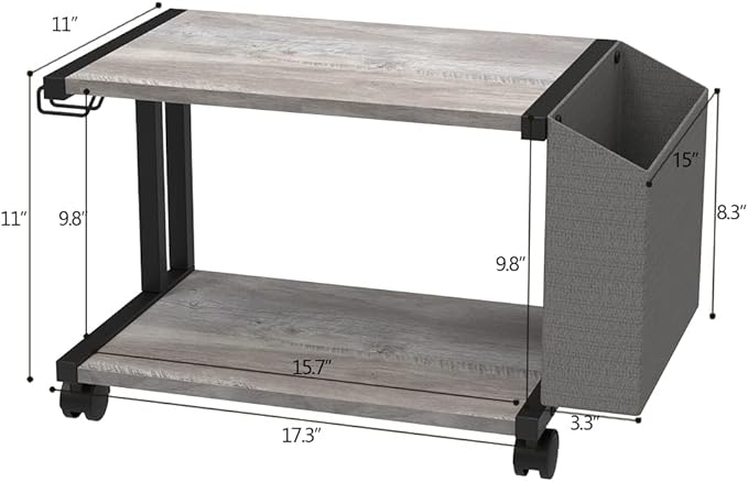 VEDECASA 2 Tier Vintage Greige Wooden Under Desk Printer Stand with Storage Bag for Home Office Desktop Printer Table Organizer Mobile Printer Shelf Cart with Caster Wheel