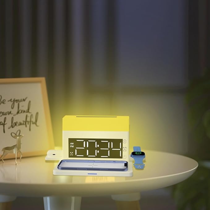 IHAO 6in1 Smart Alarm Clock with Wireless Charger RGB Mood Light 15W Fast Wireless Charging for All Qi Phone TWS Headphone Compliant with i-Watch 7 Color Night Light Large Digital Display-Black