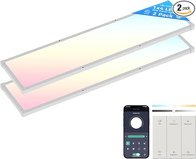 AIKVSXER 2 Pack 1x4 FT LED Flat Panel Light Surface Mount, with Wireless Switch & App Control, Night Mode, 50W 5500LM, 3000K/4000K/6500K, Ultra-Thin LED Light for Office Home,120-277V - White