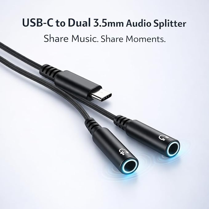 Mizi USB C to Dual 3.5mm Headphone Splitter, 2-Port Audio Adapter for iPhone 15/16/17 Pro, Galaxy S24/S25 Ultra, Pixel, iPad Pro - Share Music & Podcasts - Black