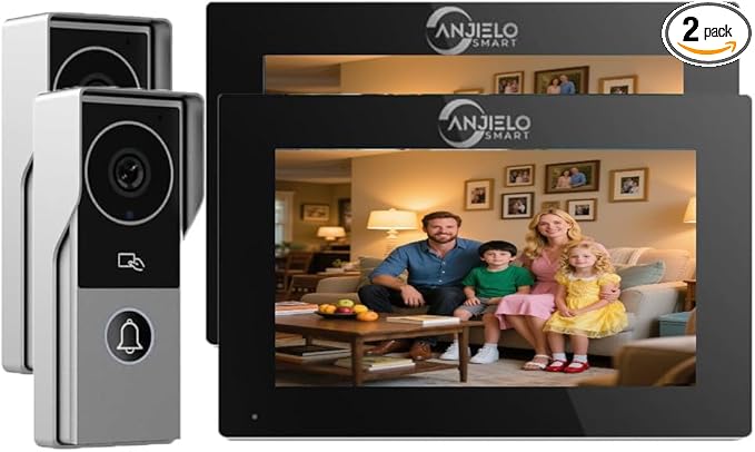 ANJIELO SMART Wired Video Intercom System, Video Doorbell Door Phone System,WiFi 1080P HD Monitor, Night Vision,Dual-Way Intercom for Villa House Office Apartment (2 Bell +2 Monitor)